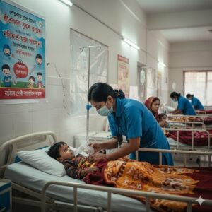 একটি পরিচ্ছন্ন সরকারি হাসপাতালের শিশু ওয়ার্ডে একজন নার্স মাস্ক পরে পরম মমতায় একটি শিশুকে নেবুলাইজার দিয়ে শ্বাসকষ্টের চিকিৎসা দিচ্ছেন। হাসপাতালের দেয়ালে স্বাস্থ্য সচেতনতামূলক রঙিন পোস্টার দেখা যাচ্ছে।
