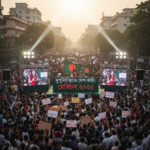 নির্বাচন ২০২৬: সংস্কারের পূর্ণ রূপরেখা প্রকাশ করল অন্তর্বর্তীকালীন সরকার Alt Text একটি বড় জনসভায় মঞ্চের সামনে দাঁড়িয়ে থাকা মানুষের ভিড়, যেখানে তারা প্ল্যাকার্ড হাতে রাজনৈতিক সংস্কারের দাবি জানাচ্ছে; ব্যাকগ্রাউন্ডে শহরের আধুনিক দালানকোঠা দেখা যাচ্ছে।
