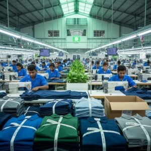 একটি আধুনিক ও বিশাল পোশাক কারখানার ভেতরে সারিবদ্ধভাবে কাজ করছেন নারী ও পুরুষ শ্রমিকরা, পাশে স্তূপ করে রাখা বাংলাদেশের রপ্তানিযোগ্য তৈরি পোশাক।