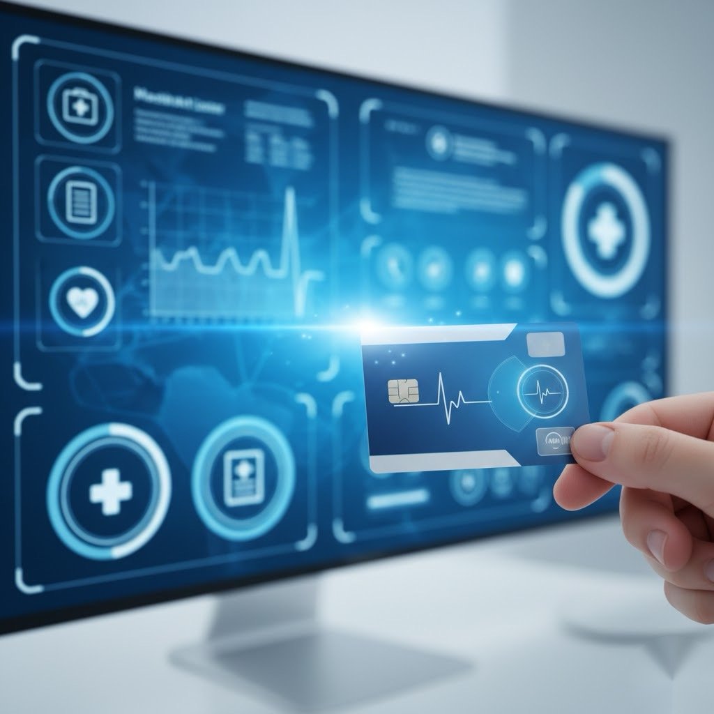 একজন ডাক্তার ল্যাপটপে একটি ডিজিটাল ড্যাশবোর্ড দেখছেন যেখানে রোগীর স্বাস্থ্যের বিভিন্ন গ্রাফ এবং ডেটা দেখা যাচ্ছে। সামনে একটি আধুনিক চিপযুক্ত স্মার্ট কার্ড রাখা আছে যা ডিজিটাল হেলথ কার্ডকে নির্দেশ করছে।