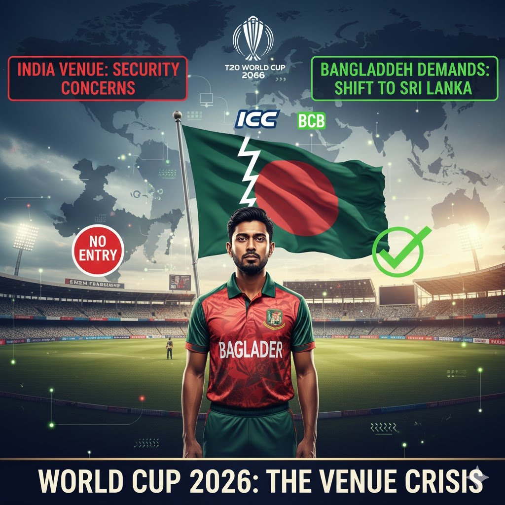 ২০২৬ টি-টোয়েন্টি বিশ্বকাপের লোগোর পাশে বাংলাদেশের ক্রিকেট অধিনায়ক এবং ব্যাকগ্রাউন্ডে ইডেন গার্ডেন্স স্টেডিয়াম ও শ্রীলঙ্কার একটি স্টেডিয়ামের প্রতীকী ফিউশন।