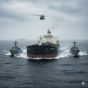 উত্তাল উত্তর আটলান্টিক মহাসাগরে মার্কিন নৌবাহিনীর জাহাজ দ্বারা বেষ্টিত একটি বিশাল শিল্পজাত তেলবাহী ট্যাংকার। চারপাশে কুয়াশাচ্ছন্ন আবহাওয়া এবং দূরে একটি সামরিক হেলিকপ্টারের উপস্থিতি।