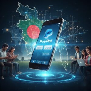 কটি স্মার্টফোনের স্ক্রিনে পেপ্যাল (PayPal) লোগো এবং ডিজিটাল পেমেন্ট ইন্টারফেসের দৃশ্য, যার ব্যাকগ্রাউন্ডে বাংলাদেশের জাতীয় পতাকা এবং আধুনিক তথ্য-প্রযুক্তির প্রতীকী গ্রাফিক্স দেখা যাচ্ছে।