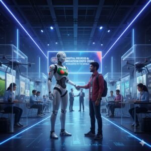 স্মার্ট বাংলাদেশ ২০২৬: ঢাকায় শুরু হচ্ছে দেশের বৃহত্তম 'ডিজিটাল ডিভাইস ও ইনোভেশন এক্সপো' একটি আধুনিক টেক-এক্সপো বা মেলার দৃশ্য যেখানে একটি উন্নত হিউম্যানয়েড রোবট দর্শকদের সাথে হাত মেলাচ্ছে এবং চারপাশে তরুণ উদ্ভাবকরা ল্যাপটপ ও এআই গ্যাজেট নিয়ে বসে আছেন।