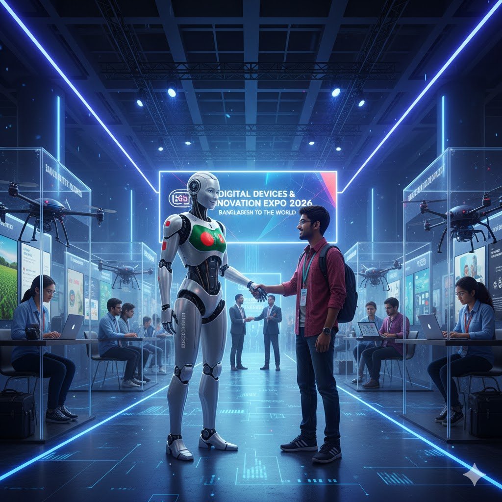একটি আধুনিক টেক-এক্সপো বা মেলার দৃশ্য যেখানে একটি উন্নত হিউম্যানয়েড রোবট দর্শকদের সাথে হাত মেলাচ্ছে এবং চারপাশে তরুণ উদ্ভাবকরা ল্যাপটপ ও এআই গ্যাজেট নিয়ে বসে আছেন।