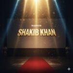 Alt Text: একটি অন্ধকার স্টেজের মাঝখানে সোনালী ও নীল আলোর উজ্জ্বল বিচ্ছুরণ। স্টেজটি একটি মেগা-বাজেট সিনেমার প্রিমিয়ার বা অ্যাওয়ার্ড অনুষ্ঠানের মতো সাজানো, যেখানে আভিজাত্যের ছাপ স্পষ্ট।