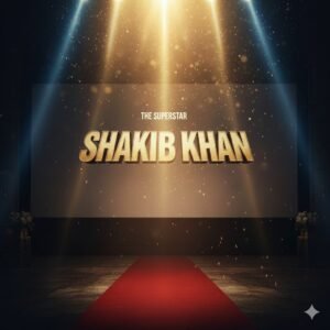 Alt Text: একটি অন্ধকার স্টেজের মাঝখানে সোনালী ও নীল আলোর উজ্জ্বল বিচ্ছুরণ। স্টেজটি একটি মেগা-বাজেট সিনেমার প্রিমিয়ার বা অ্যাওয়ার্ড অনুষ্ঠানের মতো সাজানো, যেখানে আভিজাত্যের ছাপ স্পষ্ট।