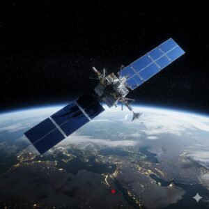 দেশের আকাশে নিজস্ব কৃত্রিম উপগ্রহ: মহাকাশ গবেষণায় নতুন মাইলফলক মহাকাশের নীল দিগন্তে পৃথিবীর কক্ষপথে প্রদক্ষিণরত একটি অত্যাধুনিক কৃত্রিম উপগ্রহ বা স্যাটেলাইট। স্যাটেলাইটের গায়ে সোলার প্যানেলগুলো সূর্যের আলোয় উজ্জ্বল হয়ে আছে এবং নিচের দিকে পৃথিবীর মানচিত্রের একটি অংশ দেখা যাচ্ছে।