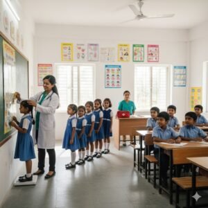 কটি পরিচ্ছন্ন ও উজ্জ্বল প্রাথমিক বিদ্যালয়ের বারান্দায় বা অস্থায়ী ক্যাম্পে একজন ডাক্তার ছোট শিশুদের স্বাস্থ্য পরীক্ষা করছেন। হাসিখুশি শিশুরা সারিবদ্ধভাবে দাঁড়িয়ে আছে এবং ডাক্তার একজন শিক্ষার্থীর চোখের দৃষ্টি পরীক্ষা করছেন। ব্যাকগ্রাউন্ডে বিদ্যালয়ের সবুজ মাঠ দেখা যাচ্ছে।