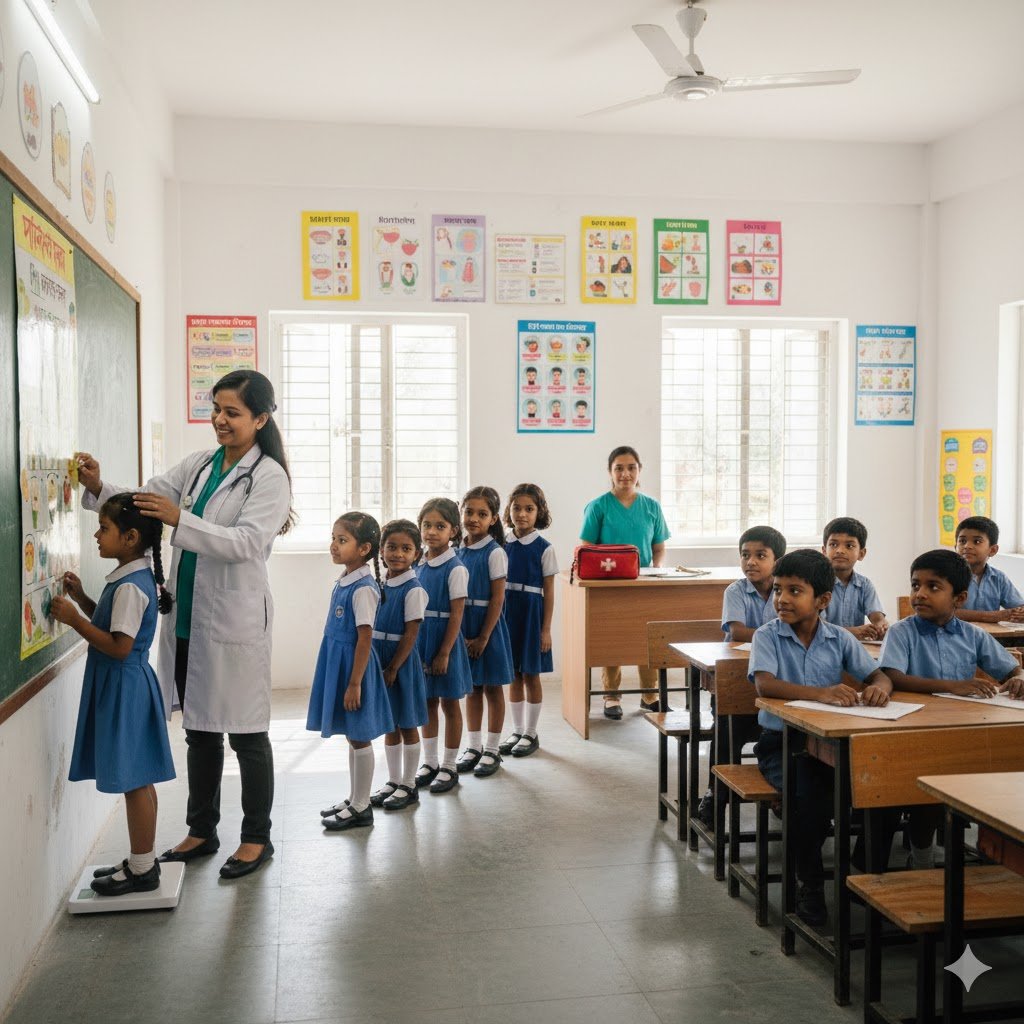 কটি পরিচ্ছন্ন ও উজ্জ্বল প্রাথমিক বিদ্যালয়ের বারান্দায় বা অস্থায়ী ক্যাম্পে একজন ডাক্তার ছোট শিশুদের স্বাস্থ্য পরীক্ষা করছেন। হাসিখুশি শিশুরা সারিবদ্ধভাবে দাঁড়িয়ে আছে এবং ডাক্তার একজন শিক্ষার্থীর চোখের দৃষ্টি পরীক্ষা করছেন। ব্যাকগ্রাউন্ডে বিদ্যালয়ের সবুজ মাঠ দেখা যাচ্ছে।