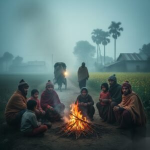 Alt Text কুয়াশাচ্ছন্ন শীতের সকালে বাংলাদেশের একটি গ্রামীণ রাস্তায় একদল মানুষ আগুনের কুণ্ডলী ঘিরে বসে শীত নিবারণ করছে; দূরে একটি রিকশা এবং সরিষা ক্ষেত দেখা যাচ্ছে।